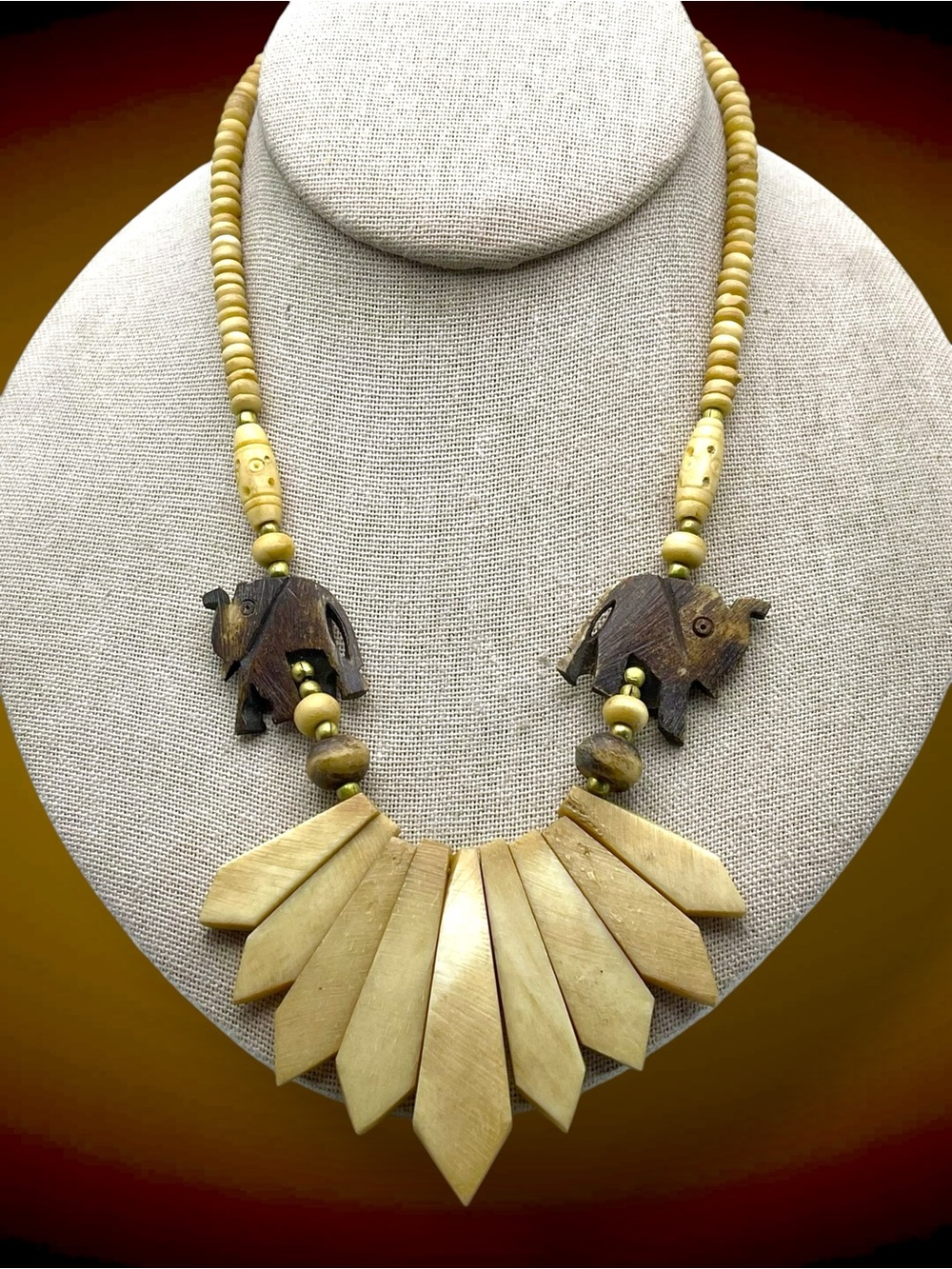 Vintage Tribal Bone Bib Fan Statement Necklace with Carved Elephants Estate Pc